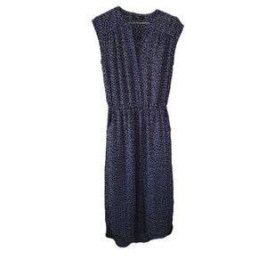 Dalia Navy Blue Patterned V-Neck Sleeveless Dress with Pockets
